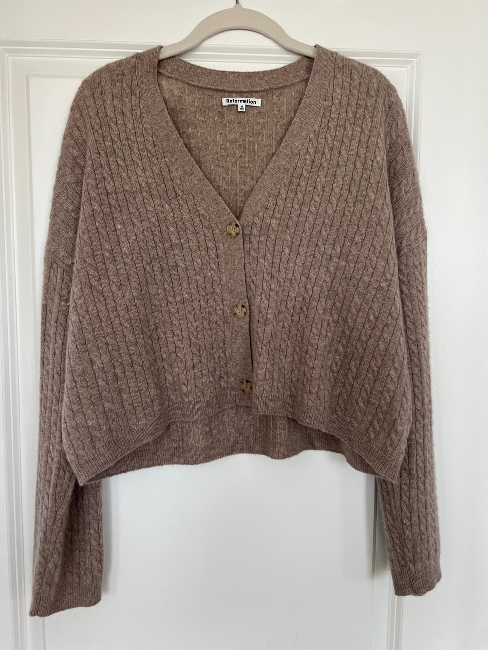 Reformation Taupe Cable Knit V-Neck Cardigan
